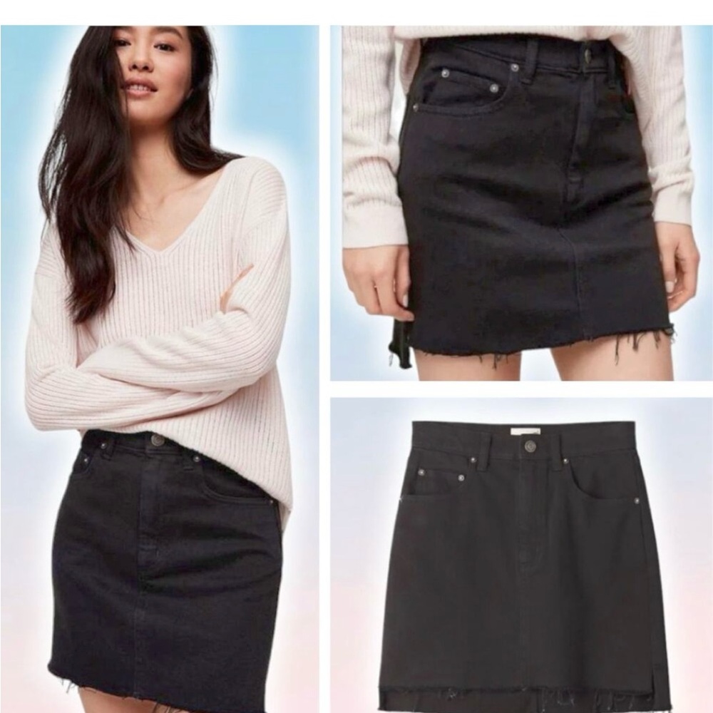 WILFRED FREE Aritzia Tanit Denim Mini Skirt Sz 6 Frayed Cut Off Hem Washed Black